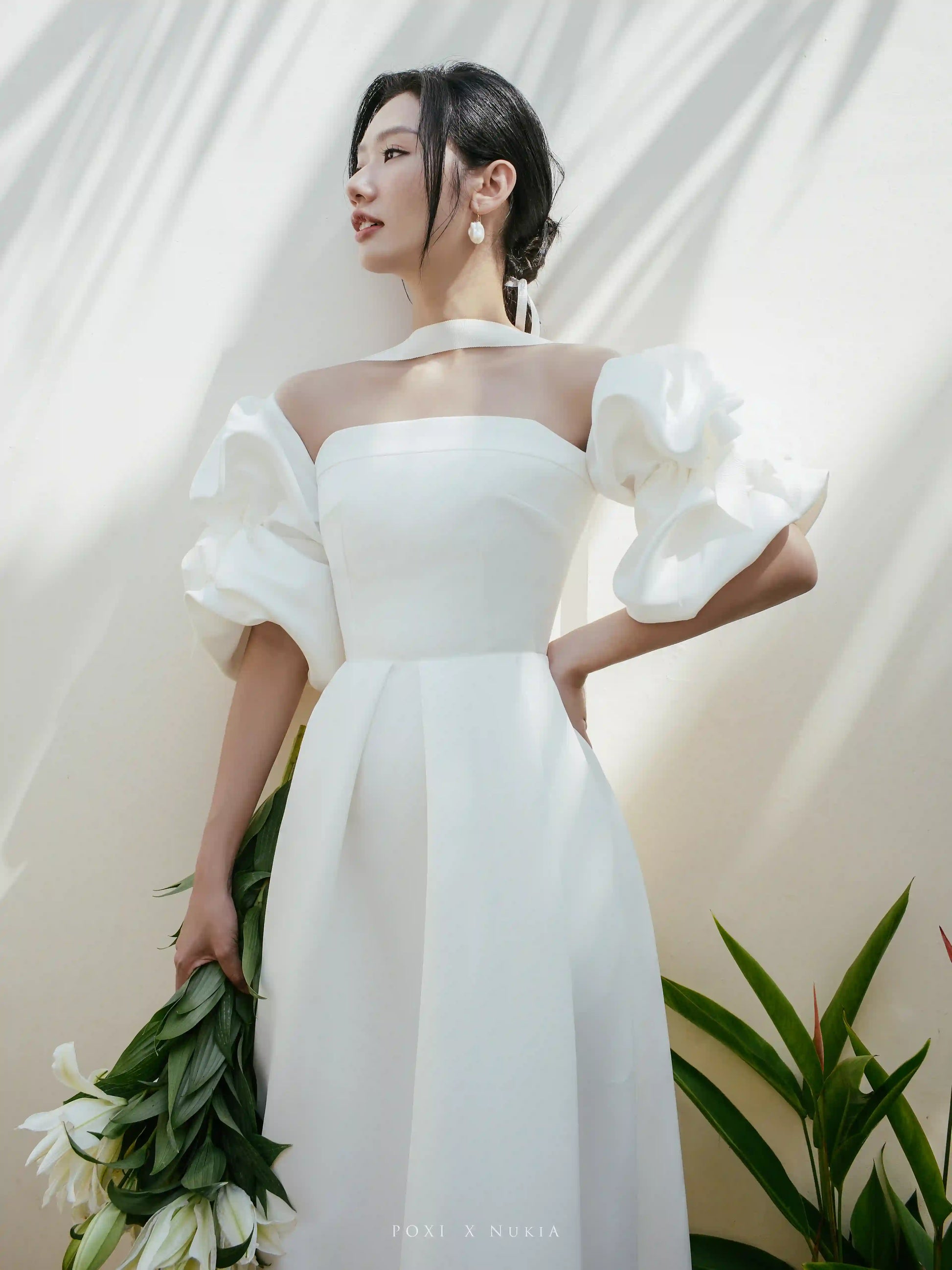 Made-to-order Modern off-the-shoulder wedding dress with impressive puff sleeve - D1834 - POXI