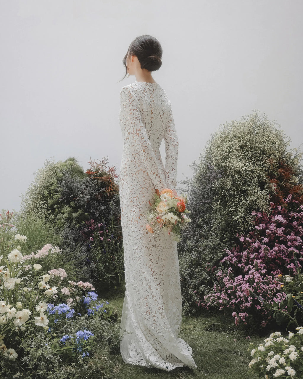 Elegant lace custom-order dress with V-neck and long sleeves - D1142 - POXI