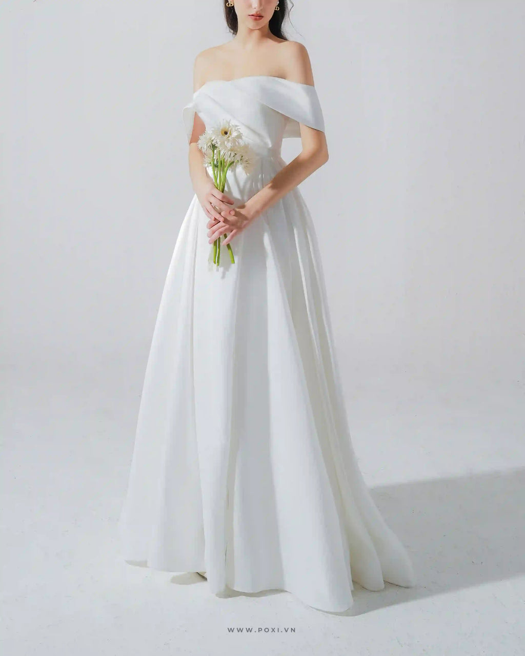 Princess off-the-shoulder wedding dress with unique pleated top detail - D1818 - POXI