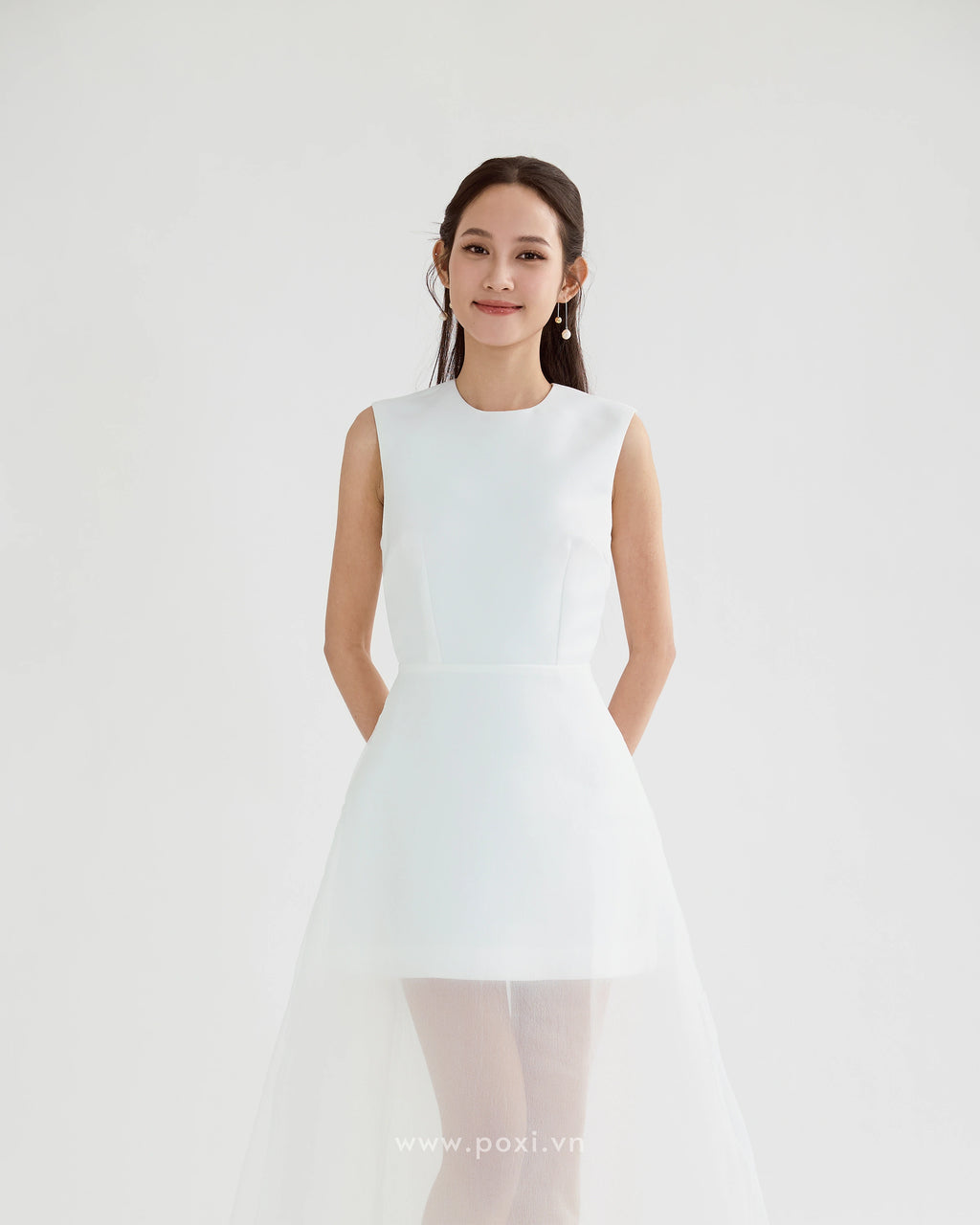 Đầm cổ tròn không tay, dáng váy Aline phối voan xốp - D1947 Regular