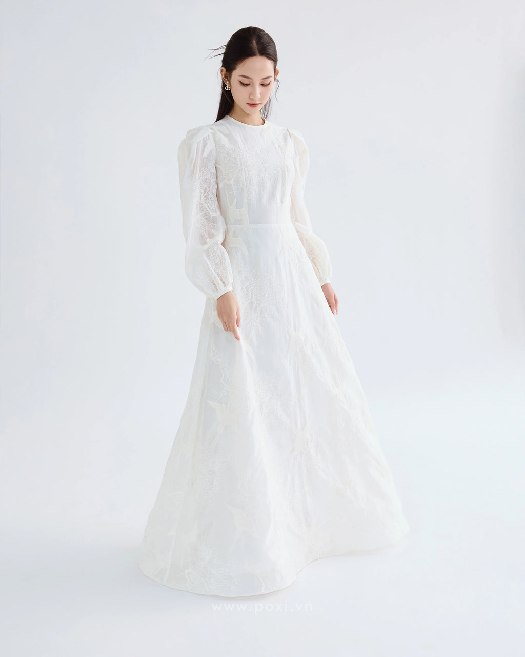 Đầm voan thêu cổ tròn tay dài váy Aline xòe nhẹ - D1974 Regular