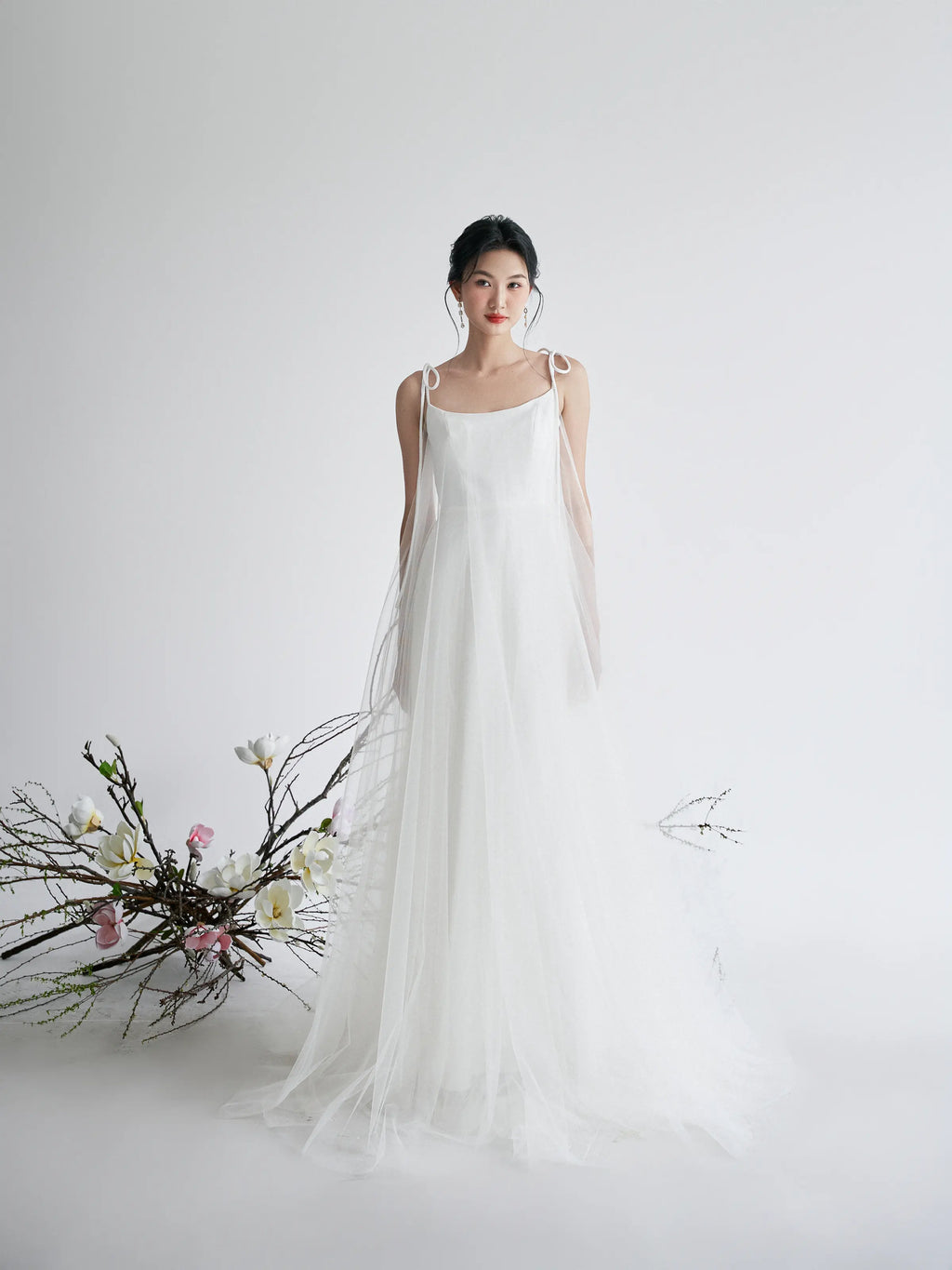Đầm xòe phối lưới dây vai dài thắt nơ - D1966