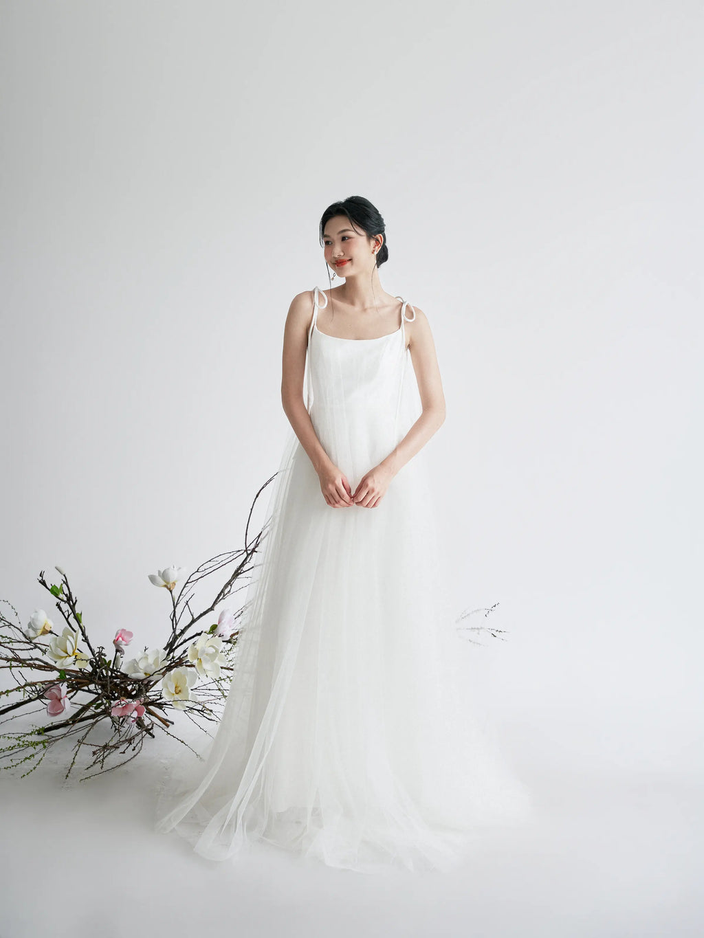 Đầm xòe phối lưới dây vai dài thắt nơ - D1966