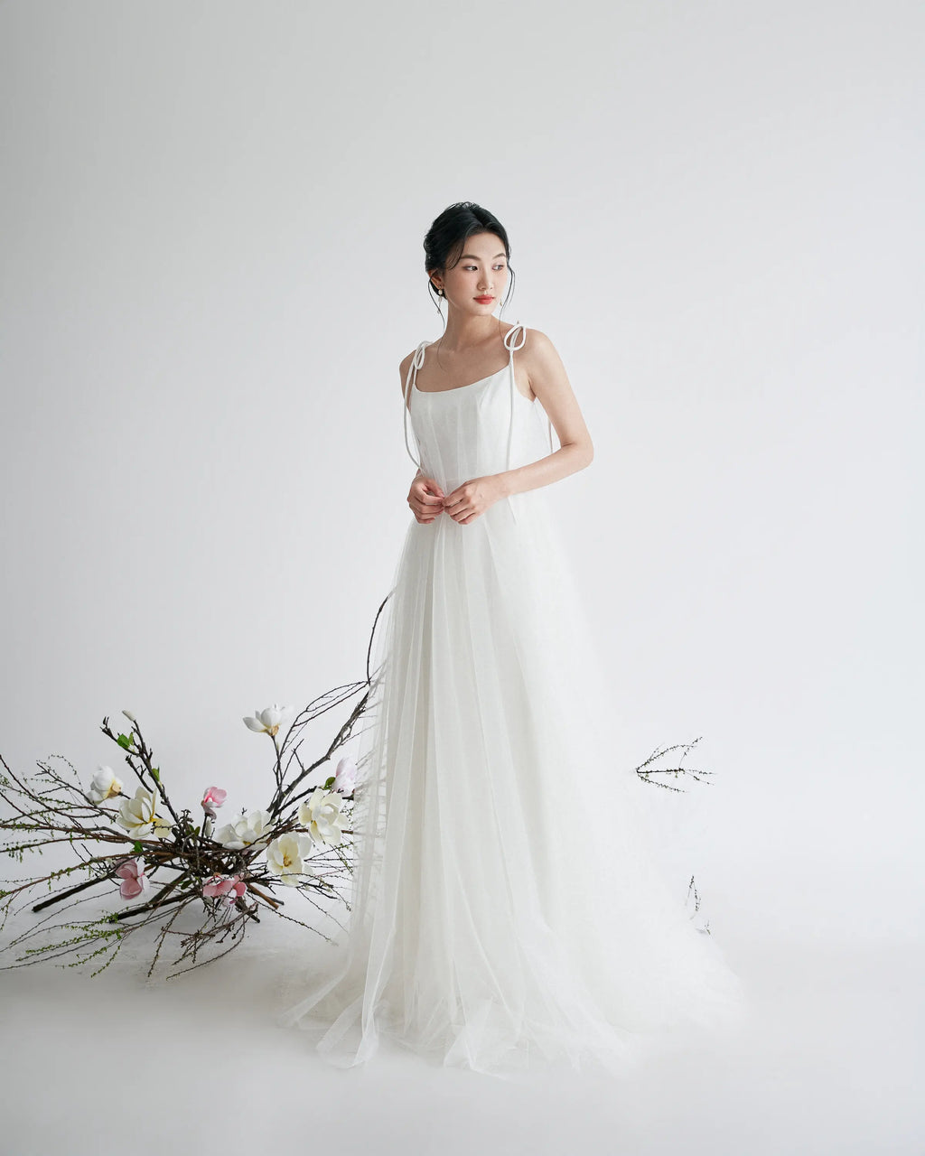 Đầm xòe phối lưới dây vai dài thắt nơ - D1966