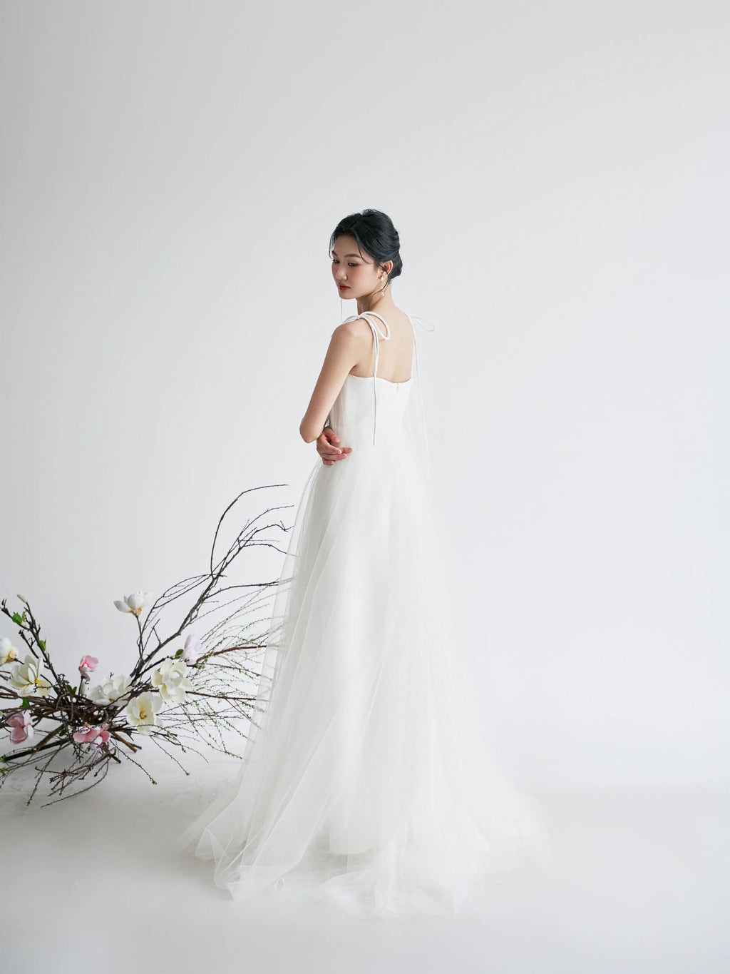 Đầm xòe phối lưới dây vai dài thắt nơ - D1966