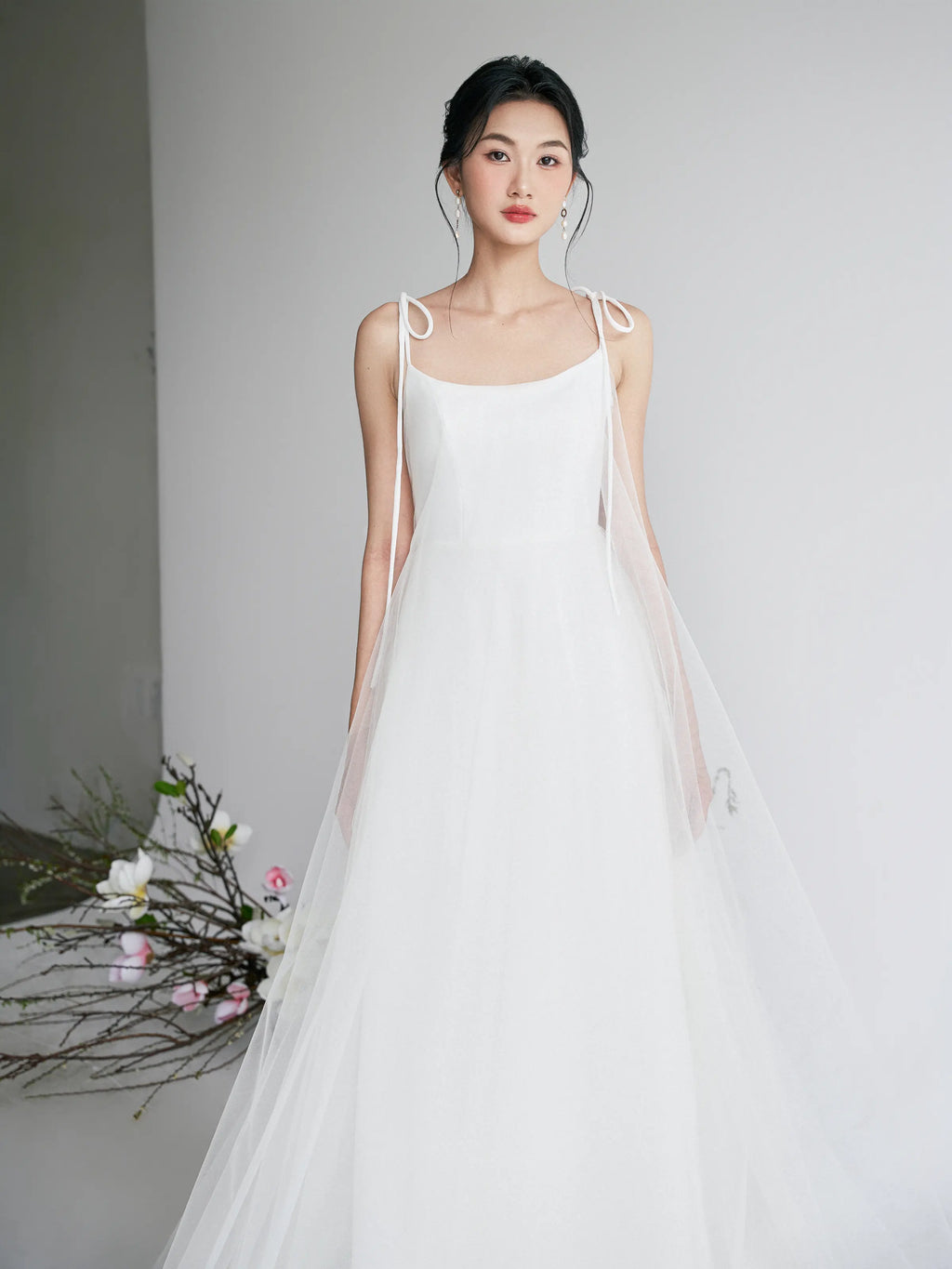 Đầm xòe phối lưới dây vai dài thắt nơ - D1966