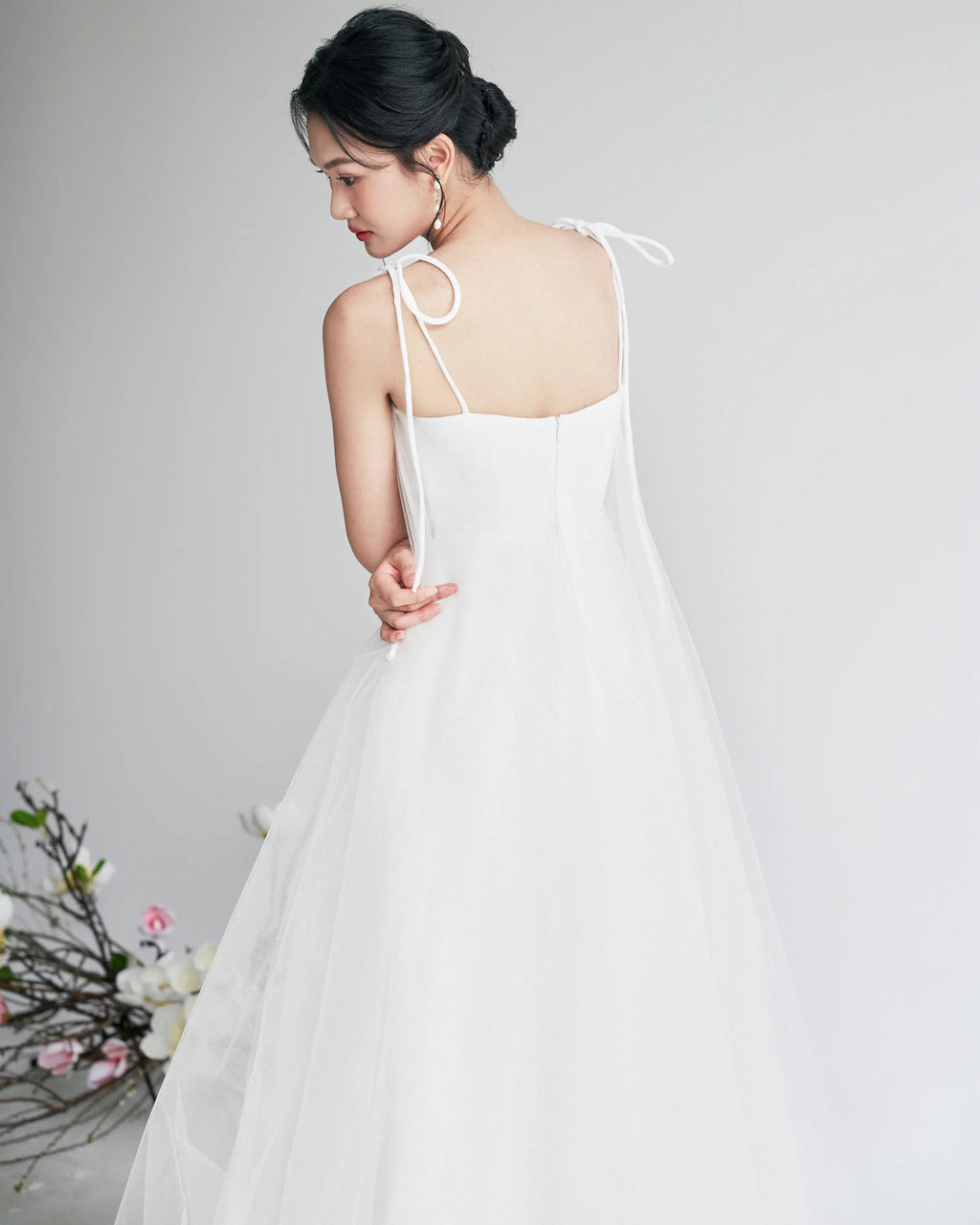 Đầm xòe phối lưới dây vai dài thắt nơ - D1966