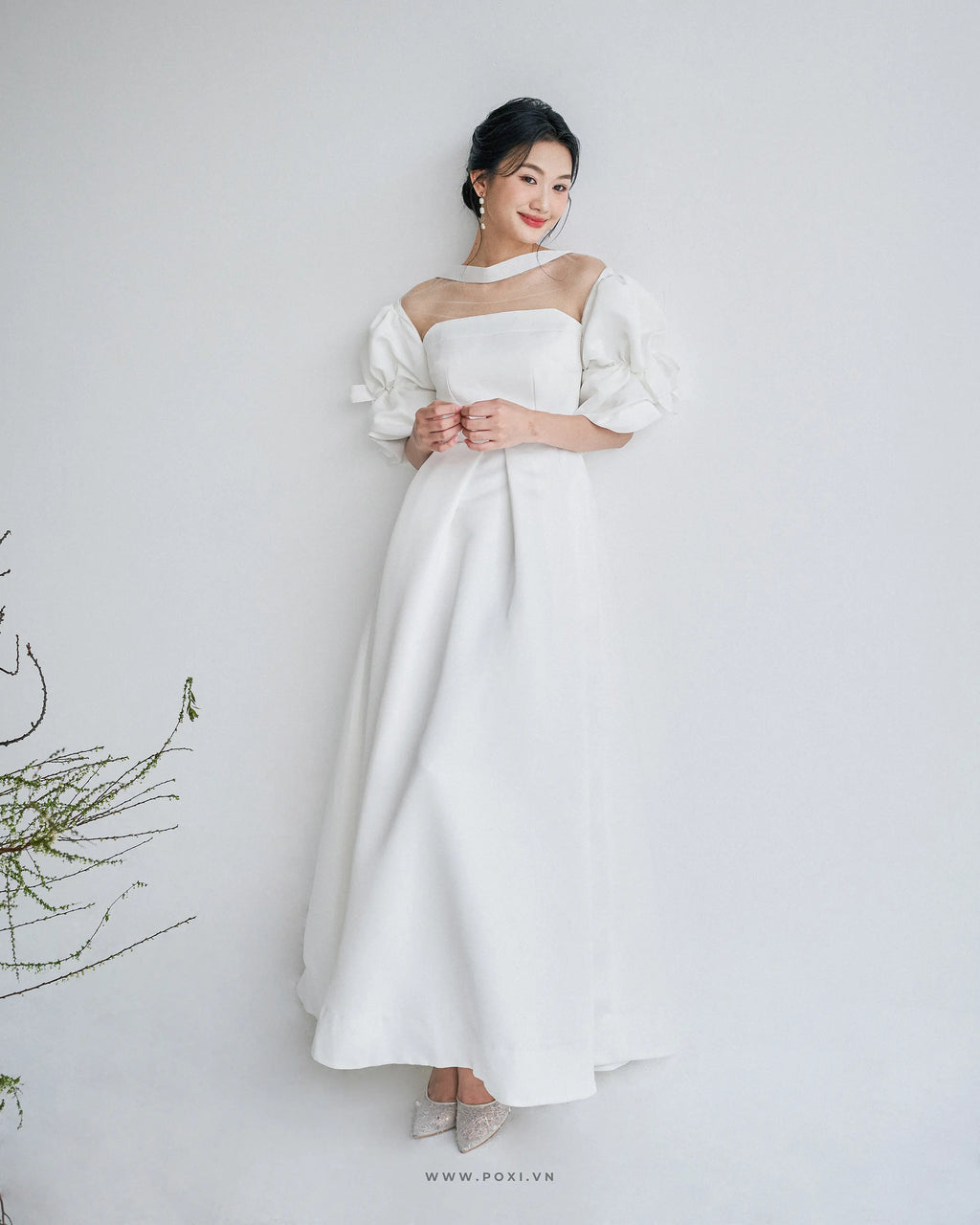 Đầm cúp ngực phối lưới thân trên, tay phồng xếp nếp và váy xòe xếp ly- D1834