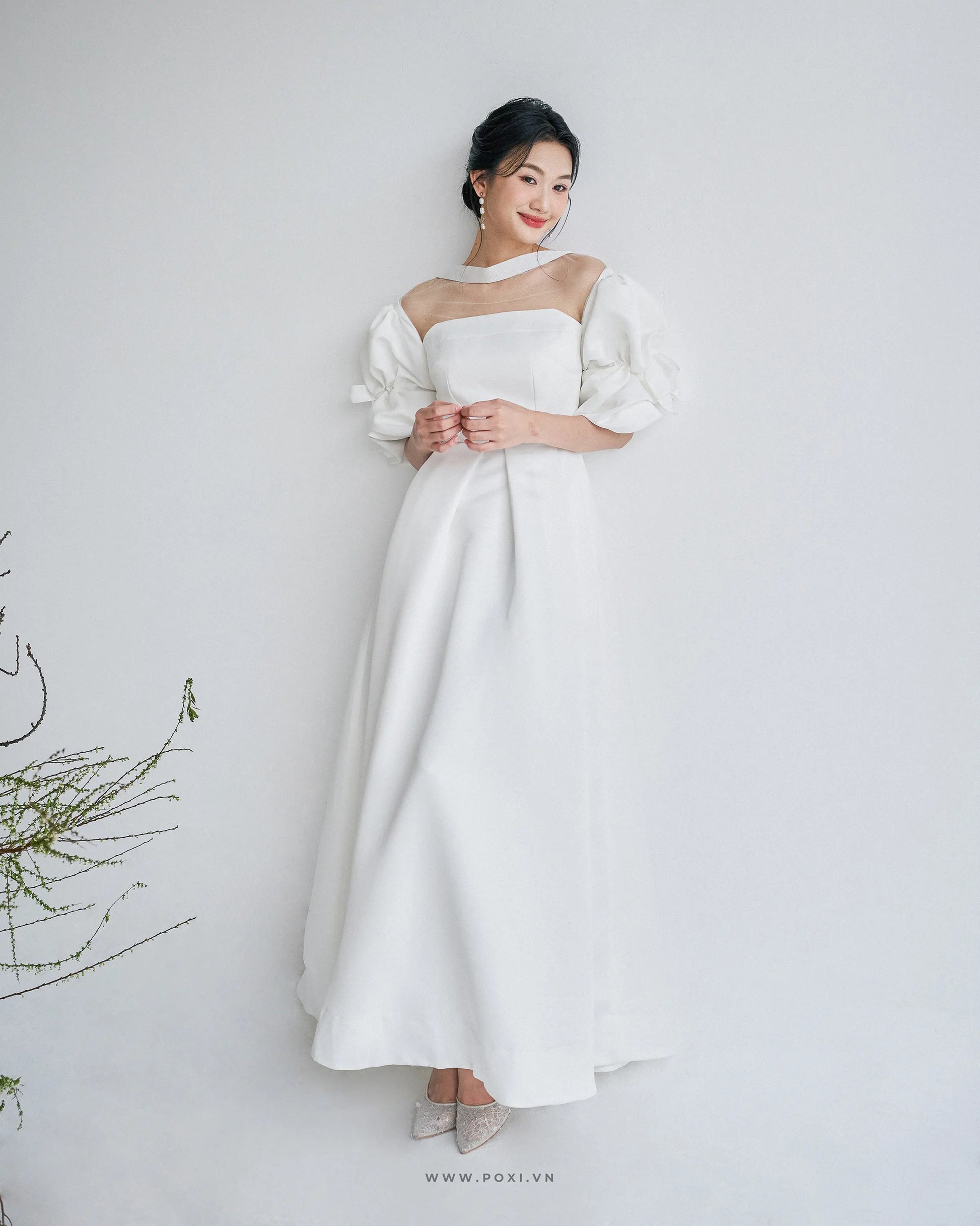 Đầm cúp ngực phối lưới thân trên, tay phồng xếp nếp và váy xòe xếp ly- D1834
