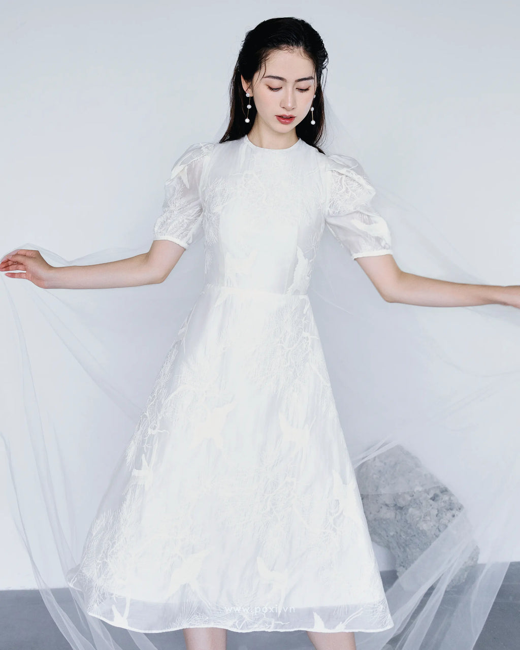Đầm voan thêu cổ tròn tay ngắn dáng váy Aline - D1993 Regular