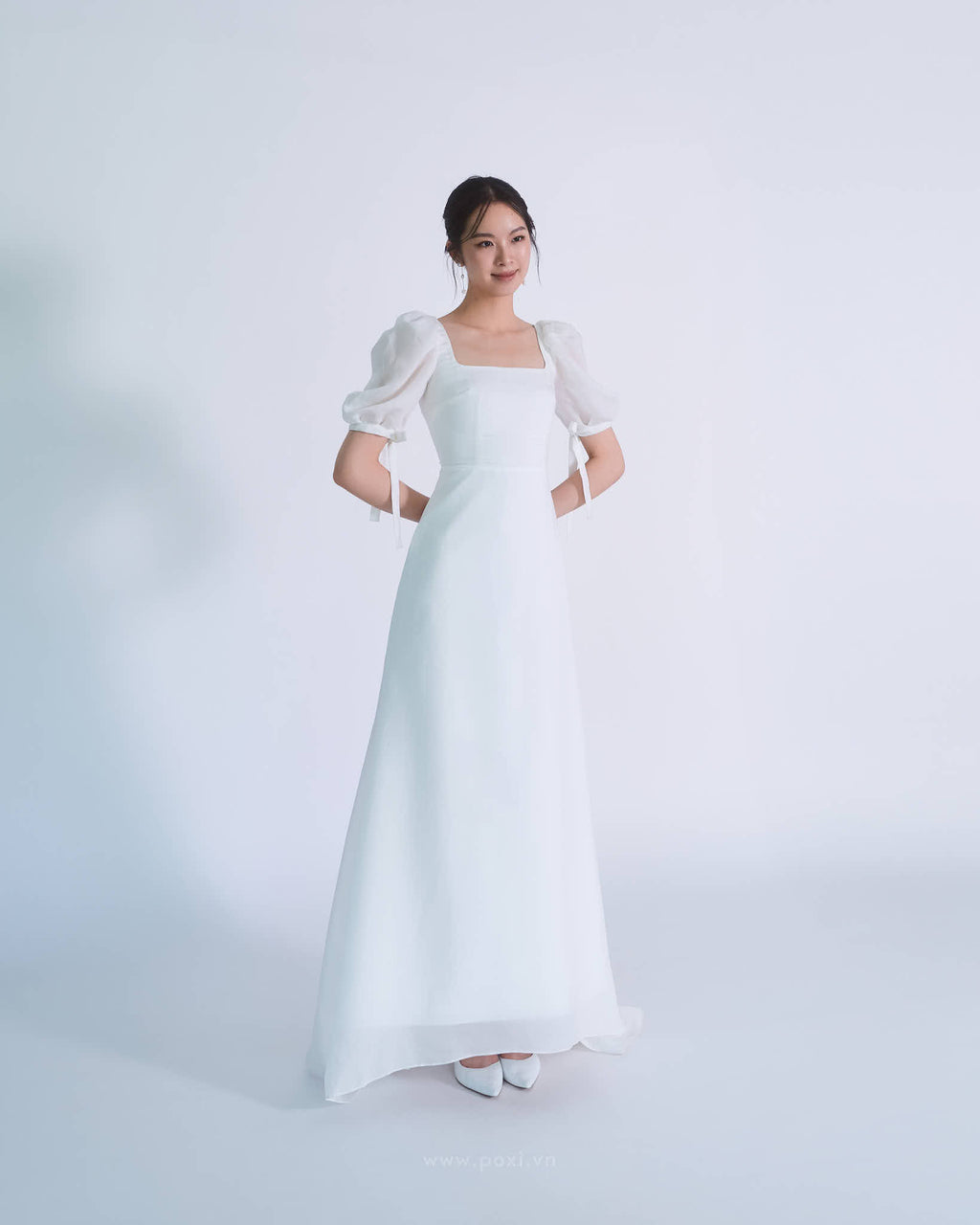 Đầm cổ vuông tay voan thắt nơ, dáng váy A line xòe nhẹ - D1923 Regular