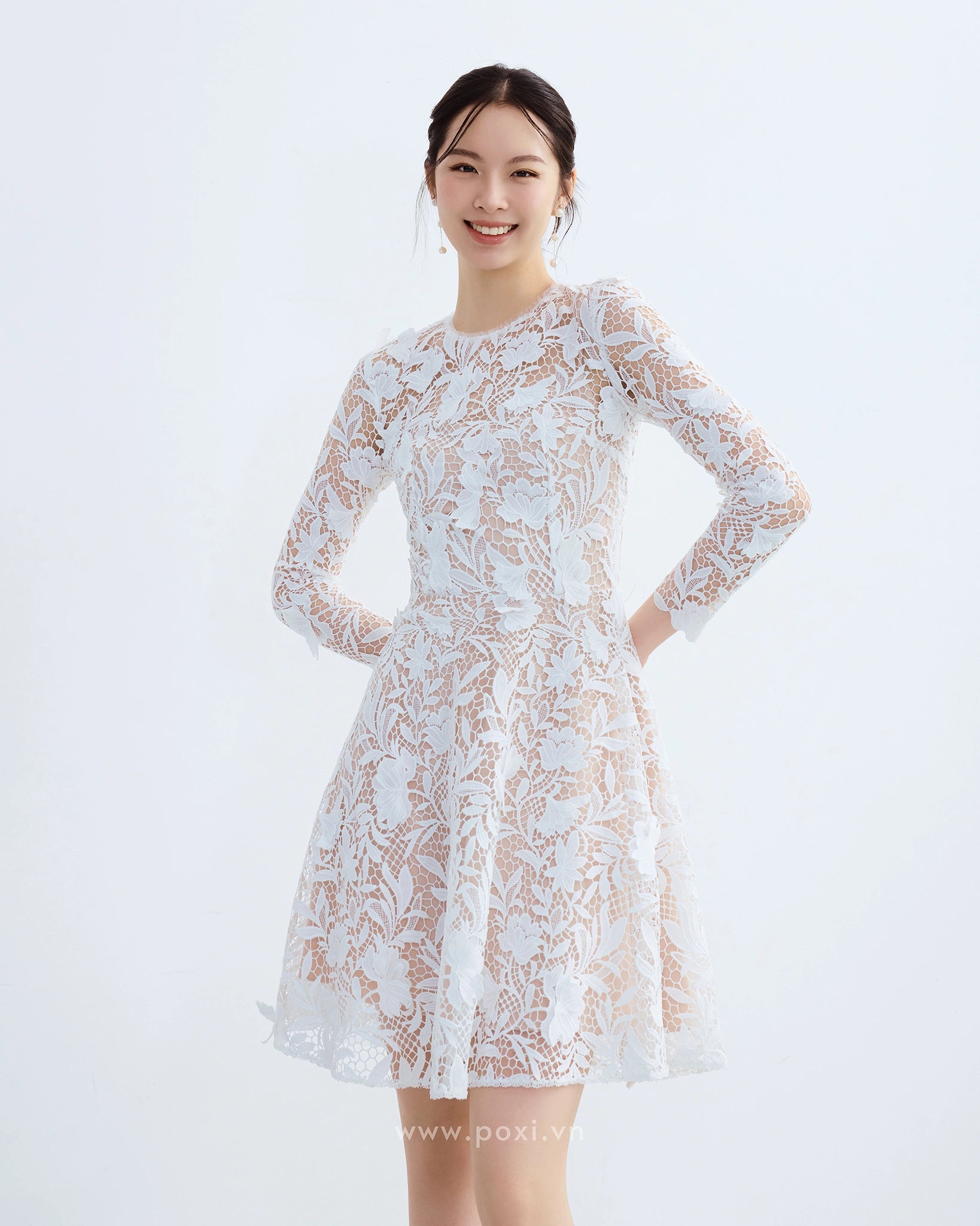 Đầm ren cổ tròn tay dài váy Aline xòe nhẹ - D2001