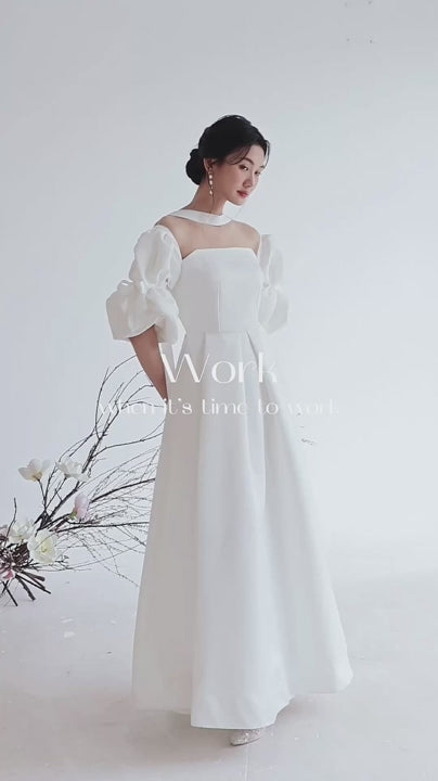 Đầm cúp ngực phối lưới thân trên, tay phồng xếp nếp đính nơ và váy xòe xếp ly- D1834